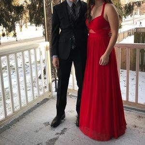 Betsy and Adam Formal Red Dress with Mesh Insert
